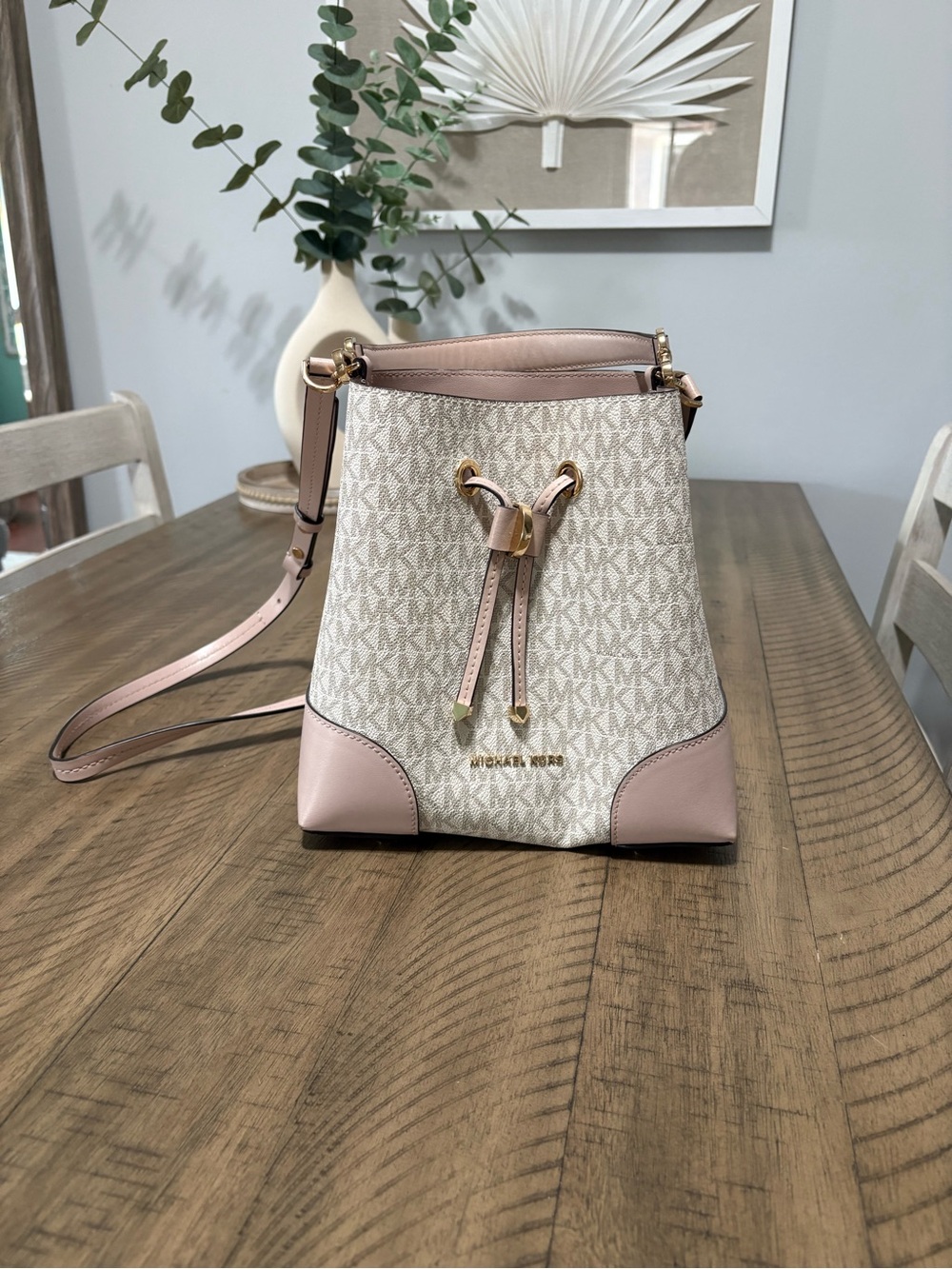 Michael Kors Pink and Ivory Signature Drawstring Crossbody